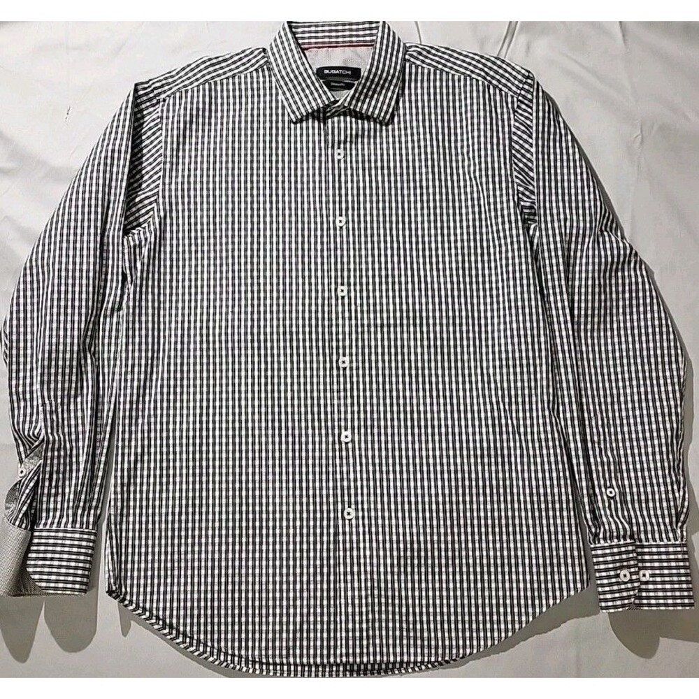 Bugatchi Long Sleeve Shirt Shaped Fit M Microchip Pattern Button Up Flip Cuff
